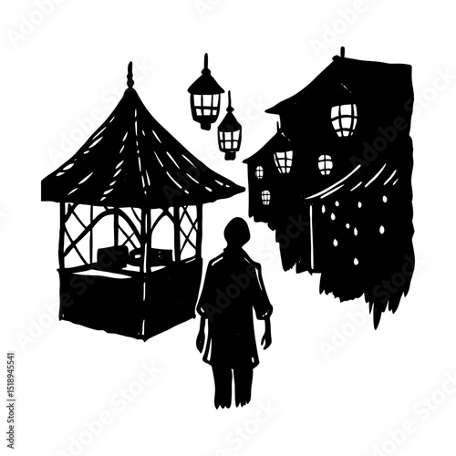 Vintage town gazebo and street scene view silhouette