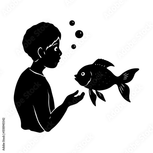 Boy looking at pet goldfish illustration silhouette