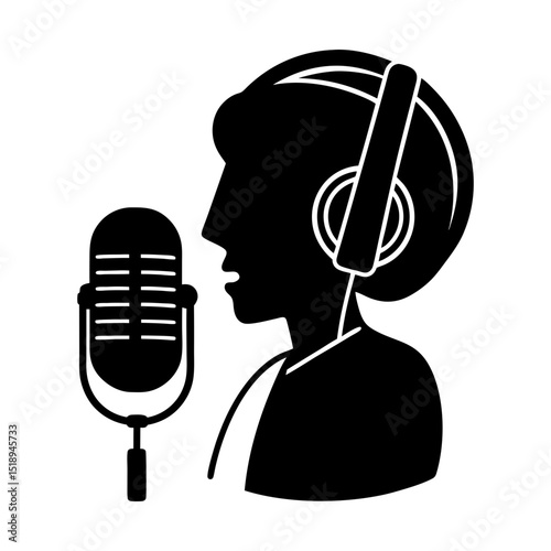 Person recording audio with microphone gear silhouette