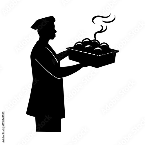 Chef holding tray of hot baked goods food silhouette