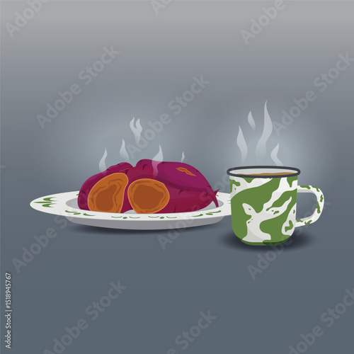 Warm water in a zinc glass and boiled sweet potatoes on a tin plate