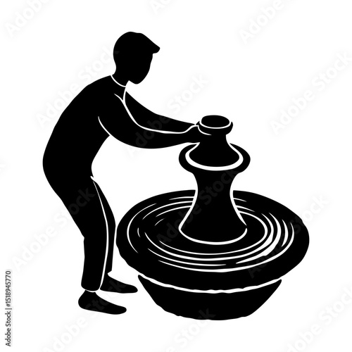 Potter shaping clay on a spinning wheel art silhouette