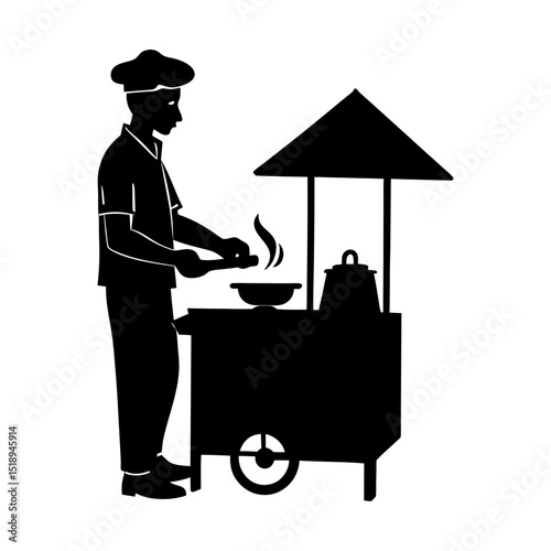 Chef cooking food at street food vendor cart silhouette