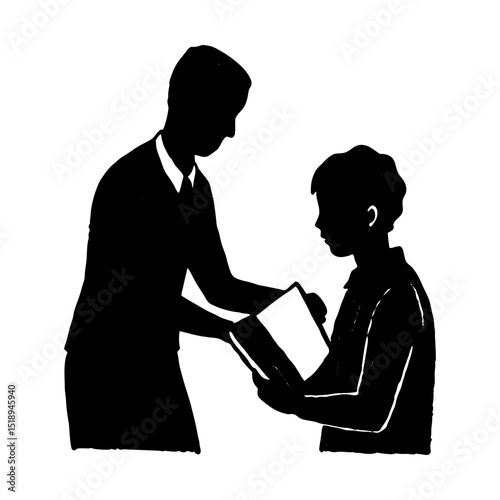 Teacher giving book to student reading silhouette