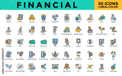 Financial icons set with finance, money, currency, banking, investment, savings, budget, wealth, asset, liability icon. Simple lineal color vector 
