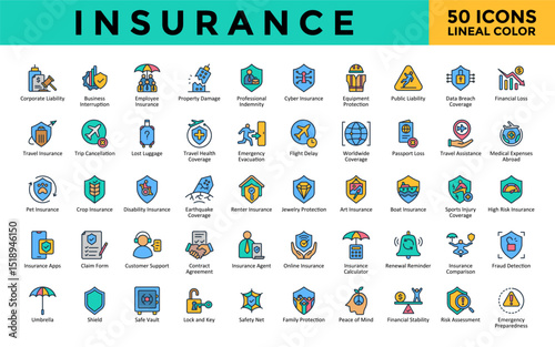 Insurance icons set with corporate liability, business interruption, employee insurance, property damage, professional indemnity, cyber insurance icon. Simple lineal color vector 

