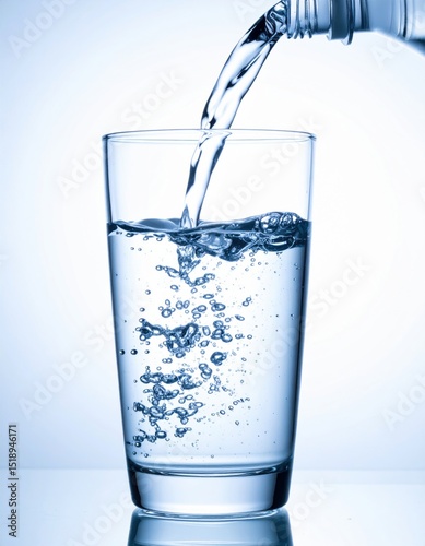 Clear water is being poured from a bottle into a transparent glass, creating bubbles against a bright, light background.