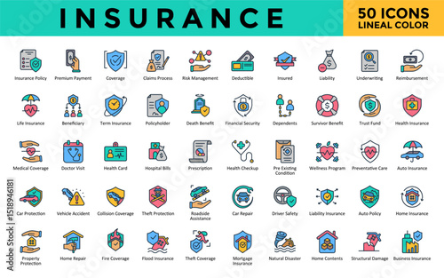 Insurance icons set with insurance policy, premium payment, coverage, claims process, risk management, deductible, insured, liability, underwriting, reimbursement icon. Simple lineal color  vector 
