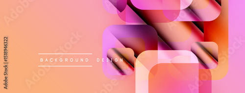 Abstract geometric shapes overlap, creating vibrant color gradients. Peach background complements pinks, purples, whites. Modern design elements present.