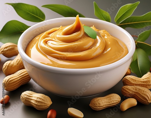 A creamy bowl of peanut butter surrounded by peanuts and green leaves on a smooth surface.