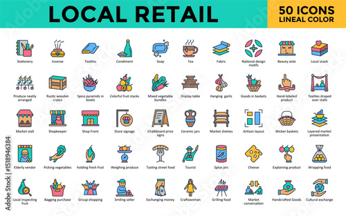 Local Retail icons set with stationery, incense, textiles, condiment, soap, tea, fabric, national design motifs, beauty aisle, local snack icon. Simple lineal color vector 
