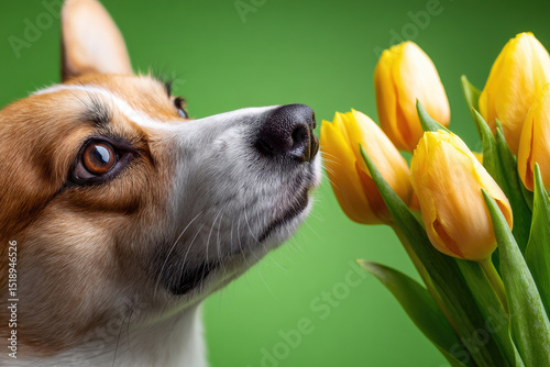 Corgi dog smelling fresh tulips on bright green backdrop in cheerful spring-themed studio photo photo