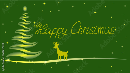 There is a Christmas tree, a reindeer, stars and sparks on a green background. Vector illustration for graphic design