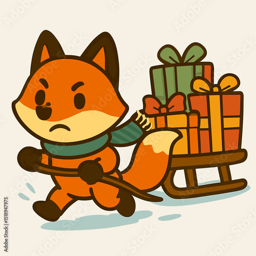 A fox pulling a sled of gifts through snow.