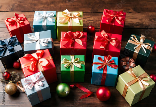 Festive group of wrapped presents with ribbons and christmas ornaments on wooden surface