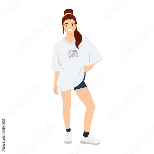 Smiling Woman in Oversized TShirt Mockup. Flat vector illustration isolated on white background
