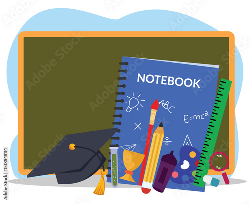 illustration of educational supplies with chalkboard background. education illustration. education supplies icon. Education supplies icon