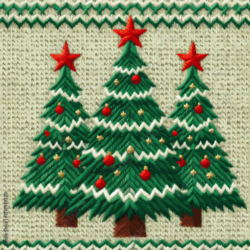 Knitted Christmas Trees with Red Stars and Ornaments on Beige Background