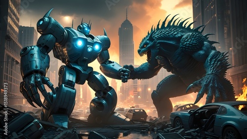 Epic Showdown Between Giant Robot and Monster in Urban Disaster Scene