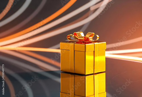 Golden gift box with shiny bow on a reflective surface against abstract background