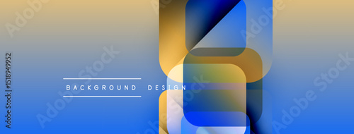 Abstract geometric shapes overlap, creating vibrant color gradients. Background transitions from blue to yellow. Modern design elements present.