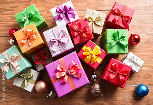 Overhead shot of colorful gift boxes with ribbons and ornaments on wooden surface