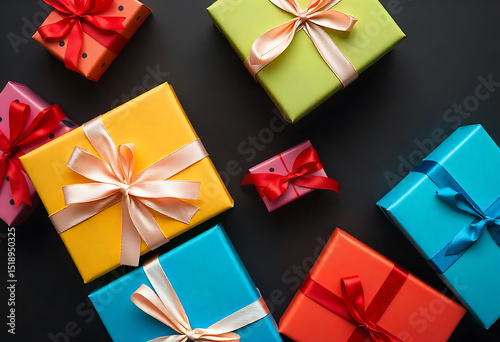Overhead view of vibrant colorful wrapped gift boxes on a dark background