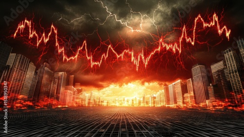 Wallpaper Mural Dramatic and ominous cityscape with skyscrapers and lightning depicting a shattered market with floating data charts and graphs symbolizing financial crisis and economic uncertainty Torontodigital.ca