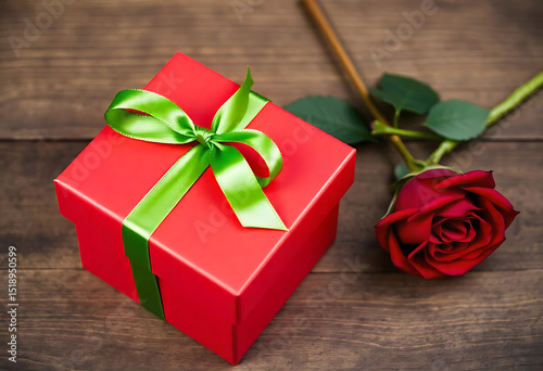 Red gift box tied with green ribbon and a single red rose on a wooden background