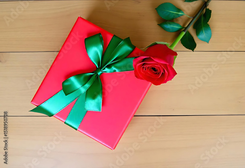 Red gift box with green ribbon and a beautiful red rose on a wooden surface