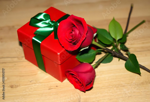 Red gift box with green bow and two beautiful red roses on wooden surface