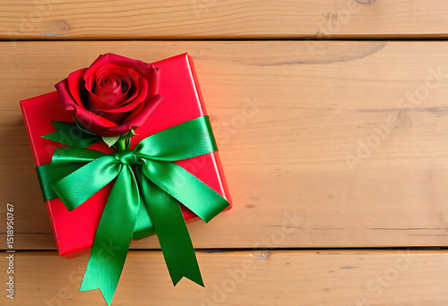 Red gift box with green ribbon and a red rose on a wooden background