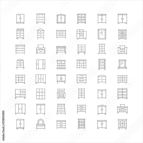 Collection of minimalist furniture icons showcasing various cabinet and chest designs in outline style