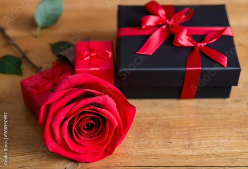 Red rose and gift boxes romantic presentation on wooden table for special occasions