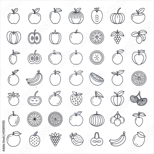 Outlined fruit collection set featuring apples oranges bananas grapes strawberries cherries and more