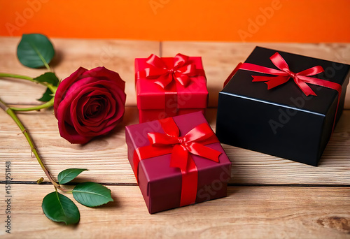Romantic arrangement of red rose with gift boxes on wooden surface for celebrations
