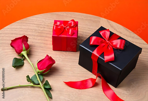 Romantic composition of gift boxes and red roses on a wooden surface with orange background