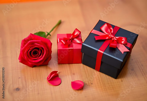 Romantic composition of red rose and wrapped gift boxes on wooden surface