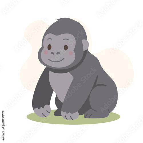 Cartoon gorilla sitting on grass with calm smile, rounded shapes and gray tones create a charming and gentle jungle gorilla character ideal for educational and playful projects.