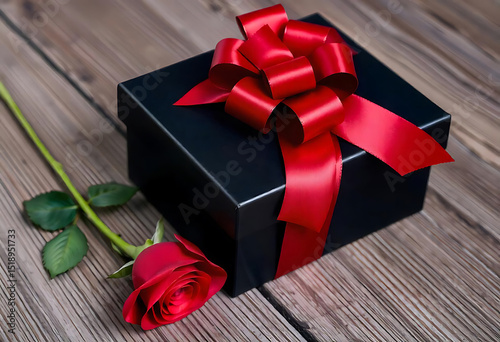 Romantic gift presentation featuring black box with red ribbon and a fresh red rose