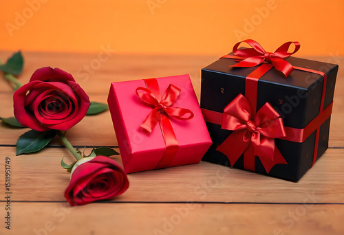 Romantic gift set with red roses and boxes on a wooden surface arrangement