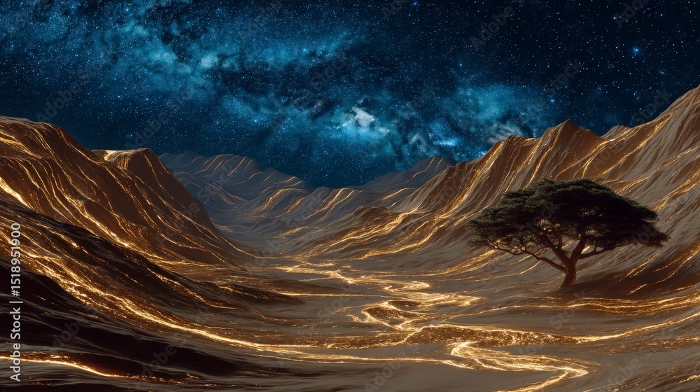 Fototapeta premium Glowing Golden River Landscape Night Sky Single Tree Fantasy Art