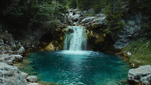 Serene Waterfall Cascades into Emerald Pool: Lush Forest Serenity