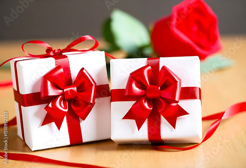 Two wrapped gift boxes with red ribbons and a red rose on a wooden surface