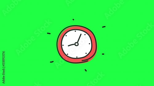 Animated clock doodle icon on a vibrant green screen background. Features a simple red frame and ticking hands, ideal for YouTube edits, time-related explainer videos, reminders, or educational visual