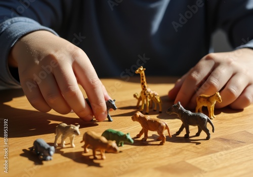 A child's hand interacts with toy animals, creating a playful scene.