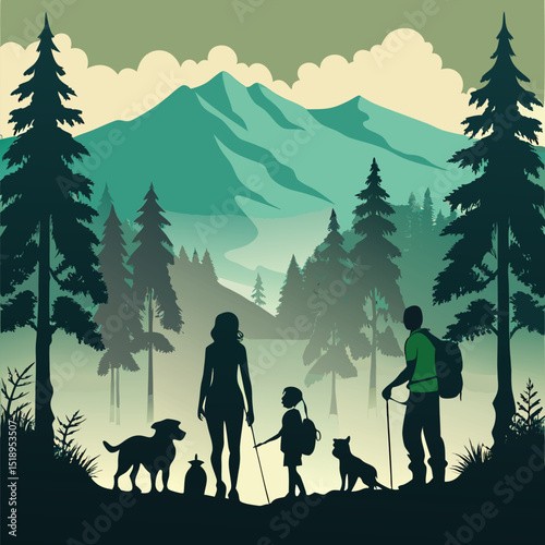 Family Hiking Adventure in the Mountains with Dogs Silhouette Illustration