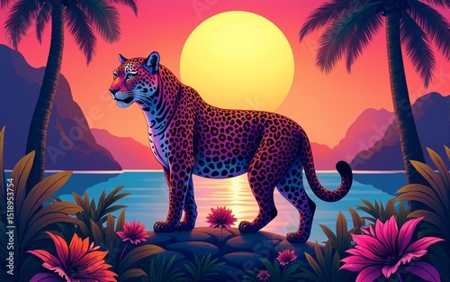Vibrant psychedelic leopard in a tropical sunset landscape.  Perfect for vibrant designs, apparel, and home decor. High quality