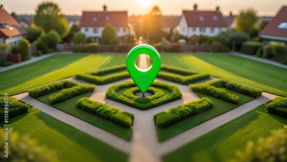 Obraz premium Green location pin on manicured lawn in residential area