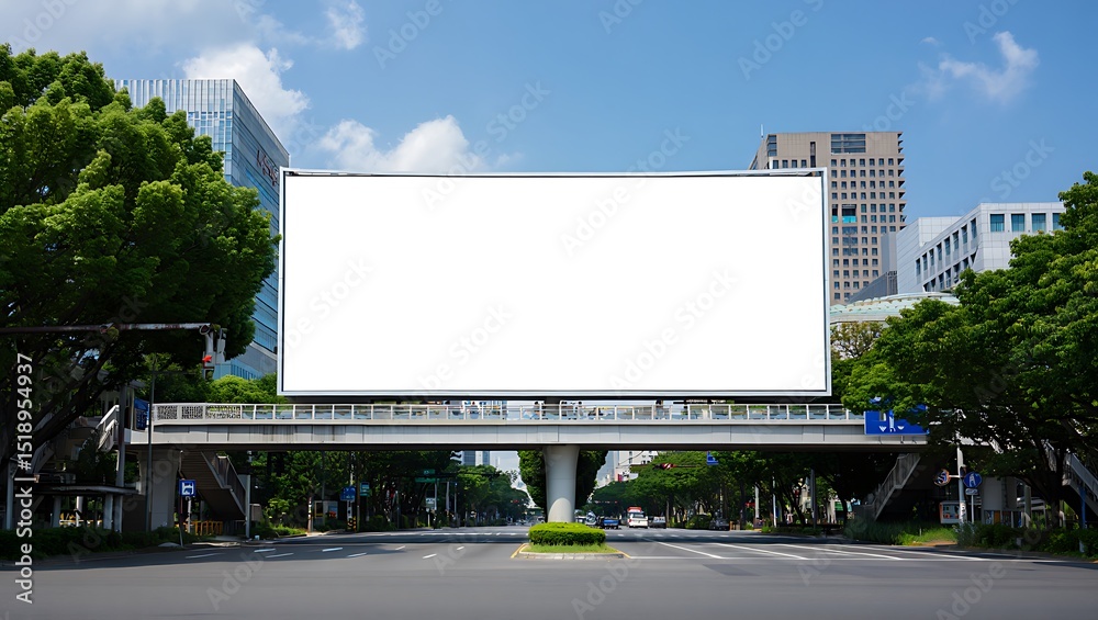 Fototapeta premium Blank billboard overpass on city street with buildings and trees